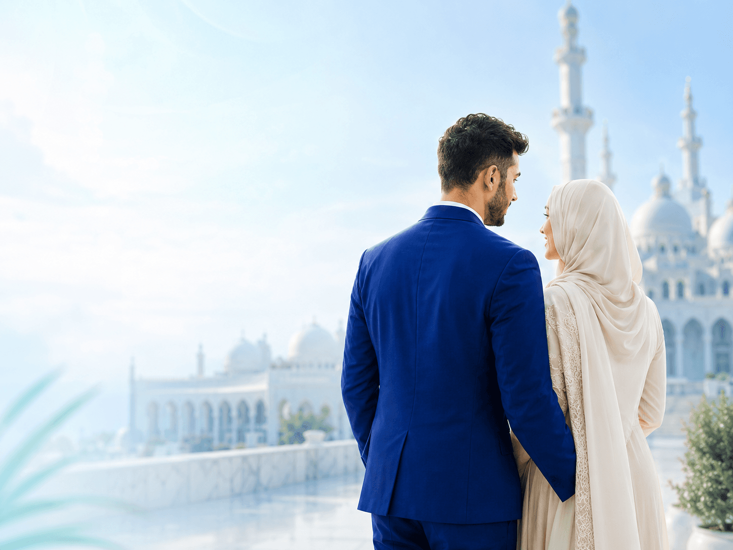 Muslimisches Paar mit Moschee im Hintergrund